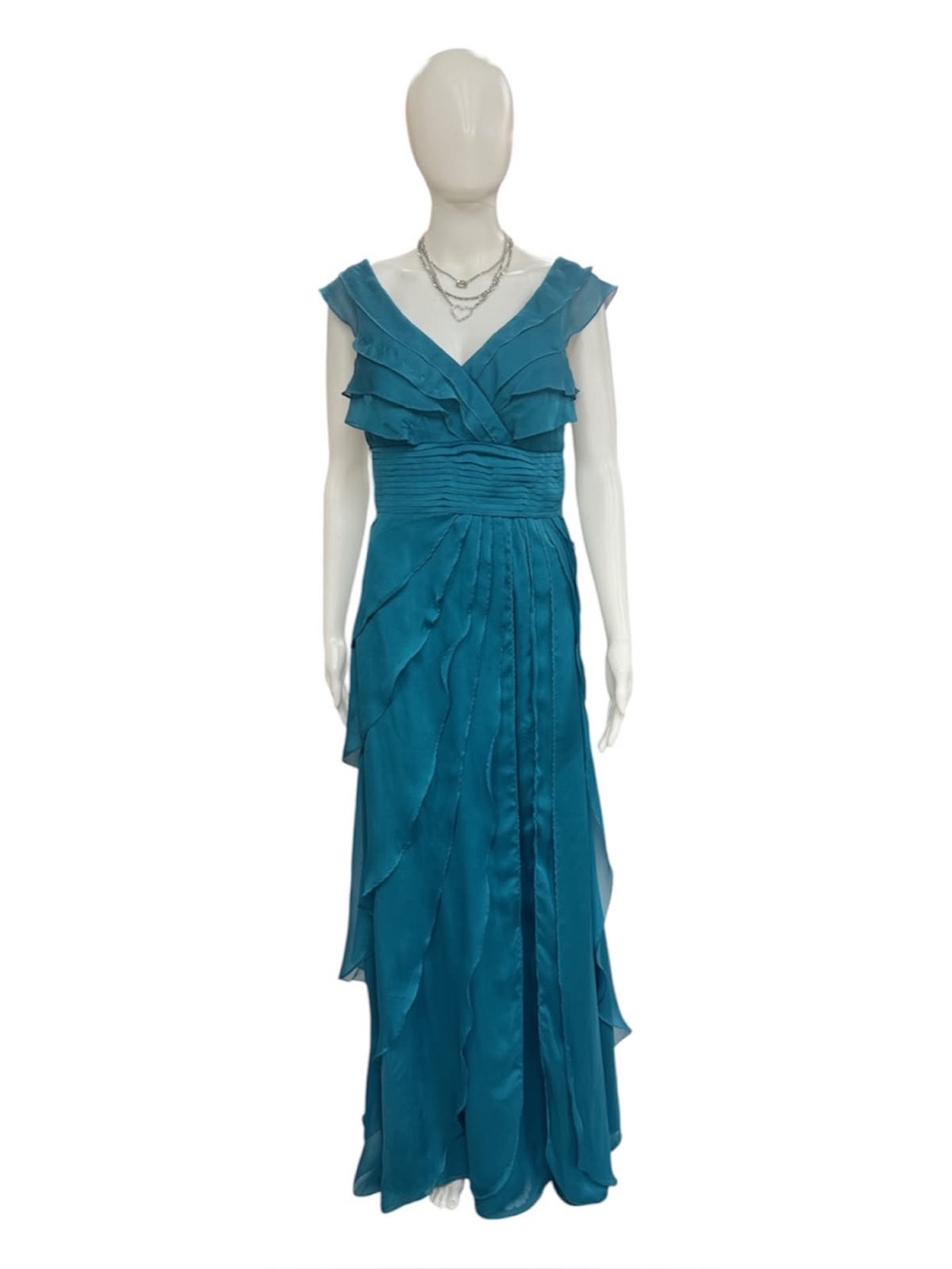 Chicas Ruffled V-Neck Teal Maxi Dress with Ruched Waist Size M